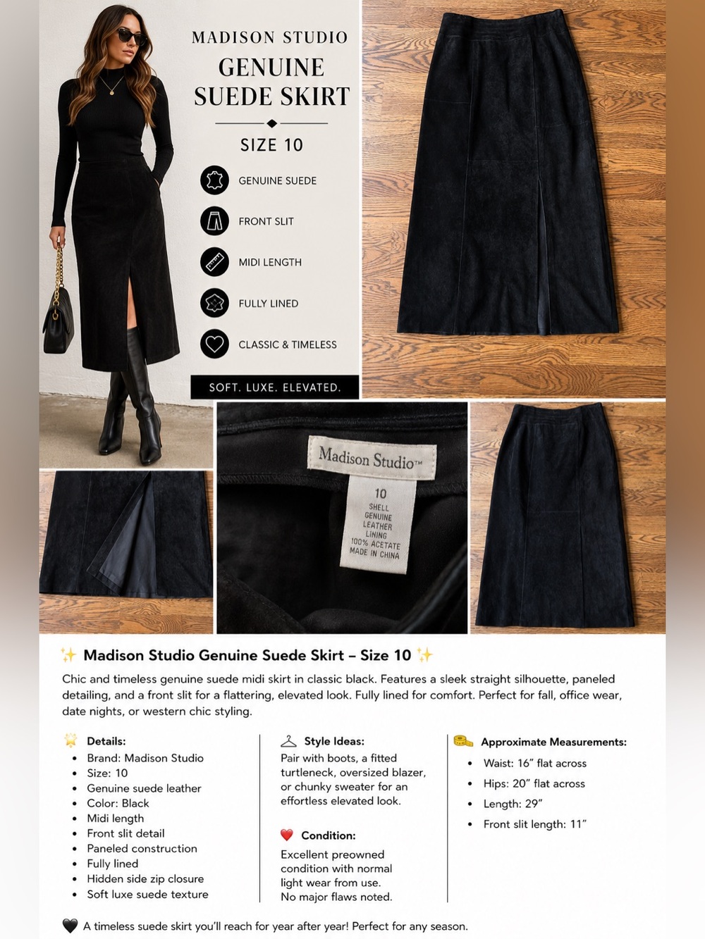Madison Studio Black Genuine Suede Midi Skirt with Front Slit Women’s Size 10